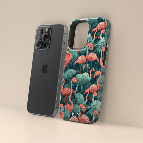 Custom Initials Tropical Pink Flamingos iPhone Case